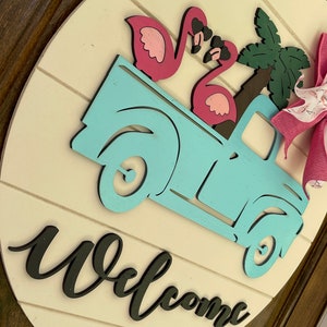 Flamingo Welcome Sign, Summer Welcome Sign, Vintage Truck Welcome Sign, Flamingo Wreath, Summer Door Wreath, Flamingo in Truck Sign, Welcome image 3