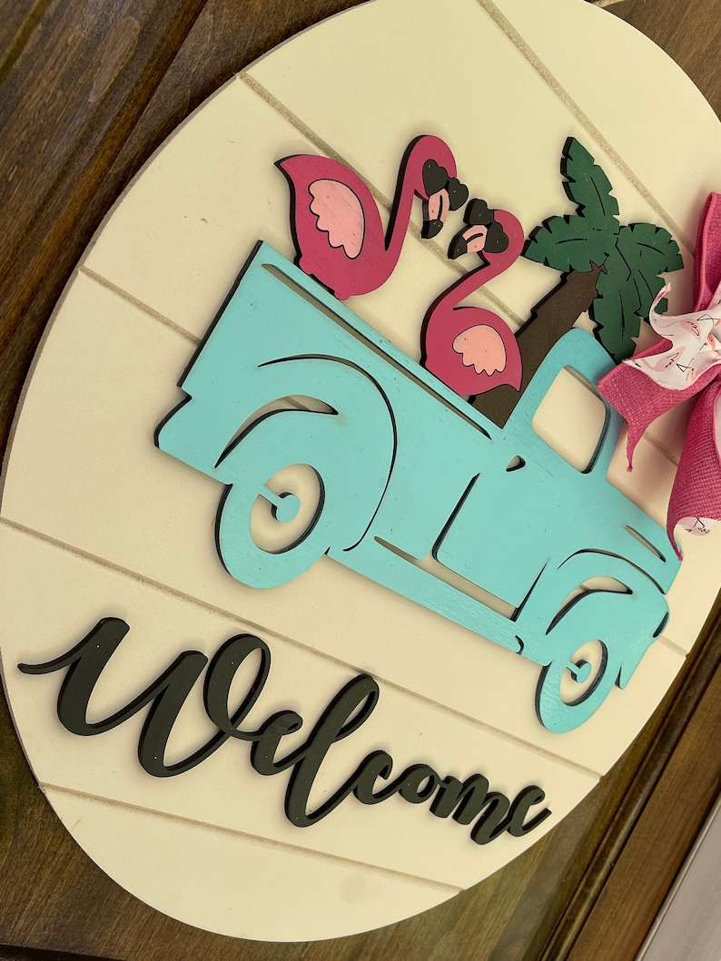 Flamingo Welcome Sign, Summer Welcome Sign, Vintage Truck Welcome Sign, Flamingo Wreath, Summer Door Wreath, Flamingo in Truck Sign, Welcome image 3