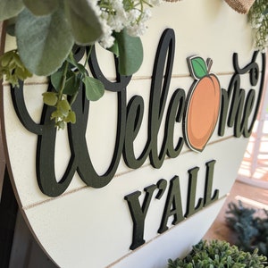 Front Door Decor | Peach Welcome Sign | Welcome Y'all | Front Door Hanger | Front Door Wreath | Personalized | Front Door Sign image 8