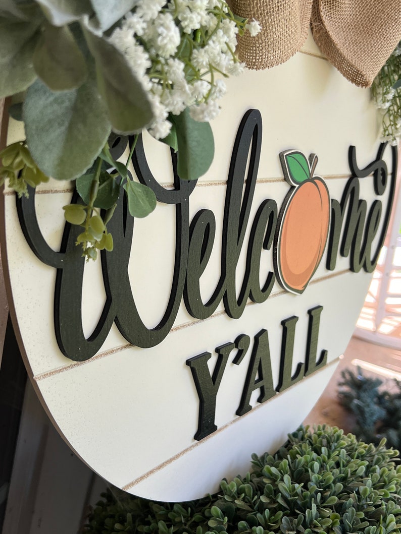 Front Door Decor | Peach Welcome Sign | Welcome Y'all | Front Door Hanger | Front Door Wreath | Personalized | Front Door Sign image 8