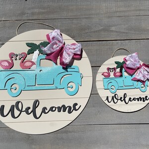 Flamingo Welcome Sign, Summer Welcome Sign, Vintage Truck Welcome Sign, Flamingo Wreath, Summer Door Wreath, Flamingo in Truck Sign, Welcome image 7