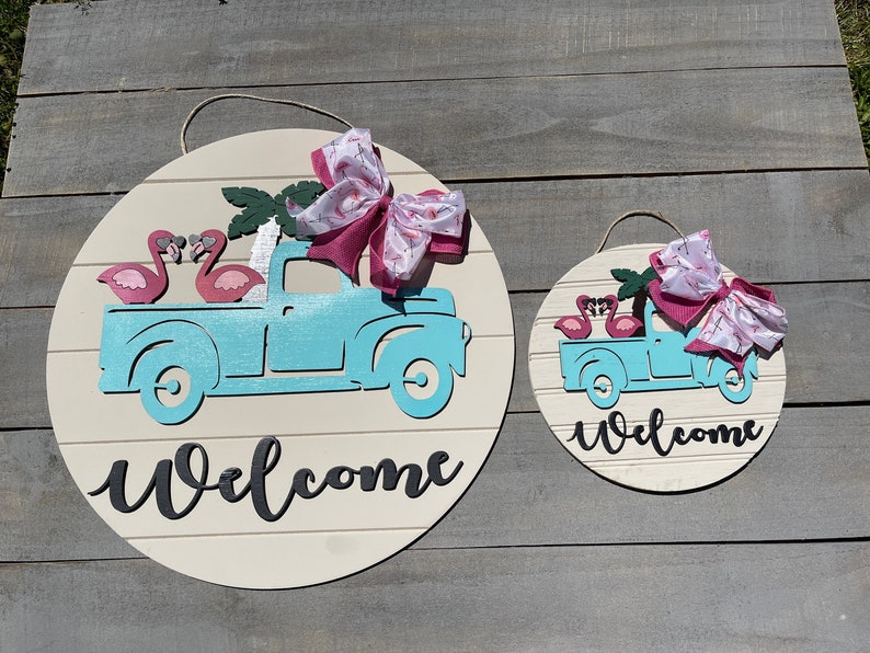 Flamingo Welcome Sign, Summer Welcome Sign, Vintage Truck Welcome Sign, Flamingo Wreath, Summer Door Wreath, Flamingo in Truck Sign, Welcome image 7