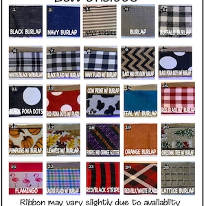 May include: A chart of 25 different ribbon choices for bows. The ribbons are arranged in a grid with numbers 1 through 25. Each ribbon has a different pattern and color, including black, navy, white, red, teal, orange, purple, and green. The ribbons are labeled with their names, such as "Black Burlap", "Navy Plaid w/ Burlap", and "Red Polka Dots w/ Plaid".