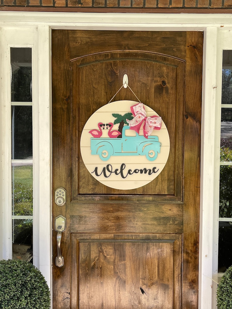 Flamingo Welcome Sign, Summer Welcome Sign, Vintage Truck Welcome Sign, Flamingo Wreath, Summer Door Wreath, Flamingo in Truck Sign, Welcome image 1