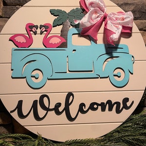 Flamingo Welcome Sign, Summer Welcome Sign, Vintage Truck Welcome Sign, Flamingo Wreath, Summer Door Wreath, Flamingo in Truck Sign, Welcome image 4