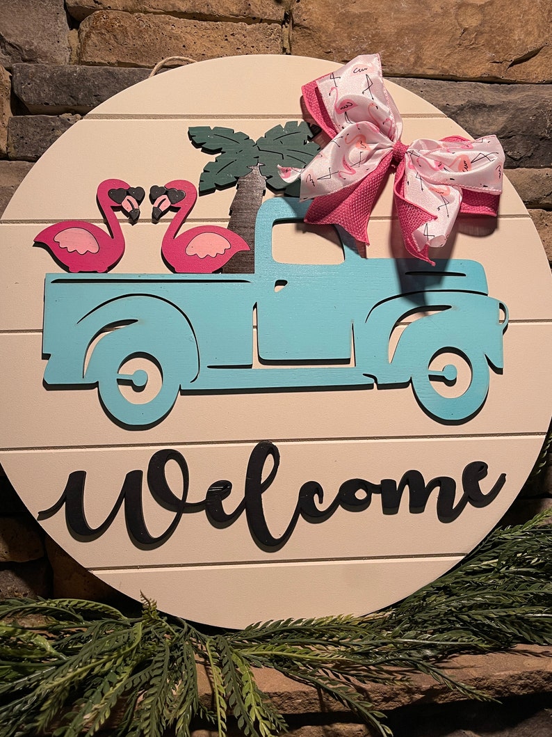 Flamingo Welcome Sign, Summer Welcome Sign, Vintage Truck Welcome Sign, Flamingo Wreath, Summer Door Wreath, Flamingo in Truck Sign, Welcome image 4