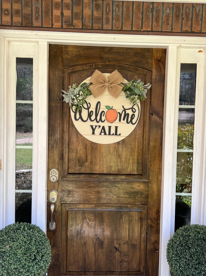 Front Door Decor | Peach Welcome Sign | Welcome Y'all | Front Door Hanger | Front Door Wreath | Personalized | Front Door Sign image 9