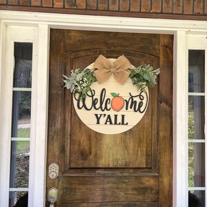 Front Door Decor | Peach Welcome Sign | Welcome Y'all | Front Door Hanger | Front Door Wreath | Personalized | Front Door Sign image 2