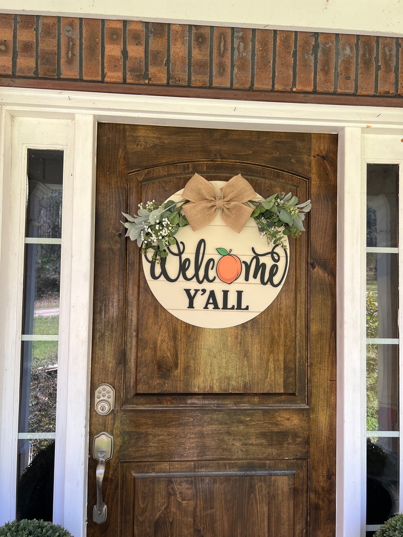 Front Door Decor | Peach Welcome Sign | Welcome Y'all | Front Door Hanger | Front Door Wreath | Personalized | Front Door Sign image 2