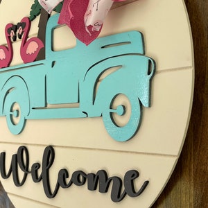 Flamingo Welcome Sign, Summer Welcome Sign, Vintage Truck Welcome Sign, Flamingo Wreath, Summer Door Wreath, Flamingo in Truck Sign, Welcome image 9