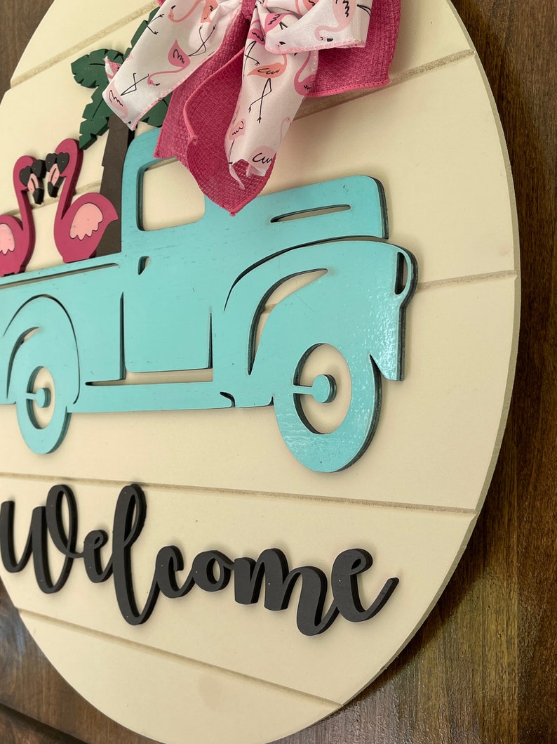 Flamingo Welcome Sign, Summer Welcome Sign, Vintage Truck Welcome Sign, Flamingo Wreath, Summer Door Wreath, Flamingo in Truck Sign, Welcome image 9