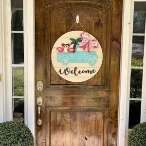 Flamingo Welcome Sign, Summer Welcome Sign, Vintage Truck Welcome Sign, Flamingo Wreath, Summer Door Wreath, Flamingo in Truck Sign, Welcome image 8