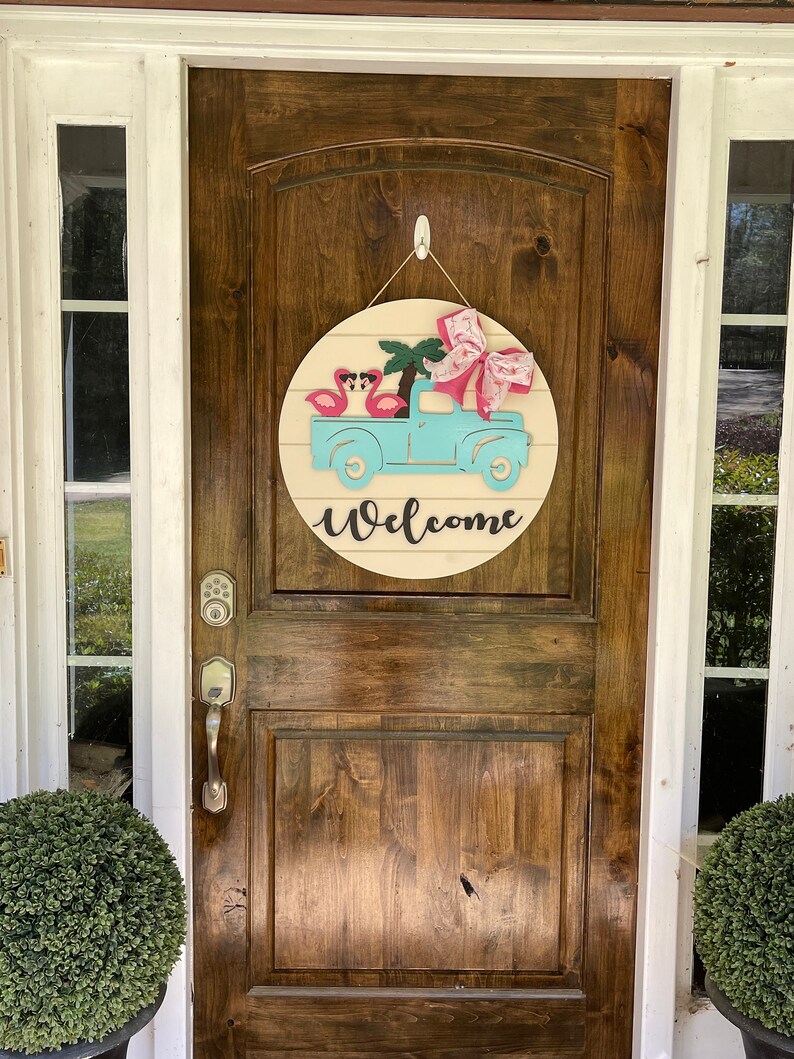 Flamingo Welcome Sign, Summer Welcome Sign, Vintage Truck Welcome Sign, Flamingo Wreath, Summer Door Wreath, Flamingo in Truck Sign, Welcome image 8