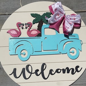 Flamingo Welcome Sign, Summer Welcome Sign, Vintage Truck Welcome Sign, Flamingo Wreath, Summer Door Wreath, Flamingo in Truck Sign, Welcome image 6