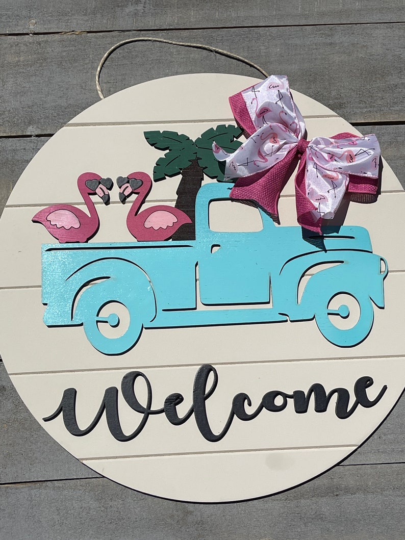 Flamingo Welcome Sign, Summer Welcome Sign, Vintage Truck Welcome Sign, Flamingo Wreath, Summer Door Wreath, Flamingo in Truck Sign, Welcome image 6