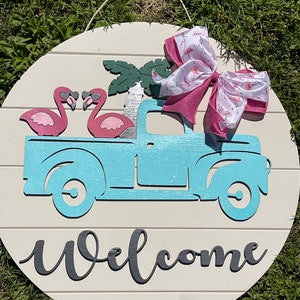 Flamingo Welcome Sign, Summer Welcome Sign, Vintage Truck Welcome Sign, Flamingo Wreath, Summer Door Wreath, Flamingo in Truck Sign, Welcome image 5