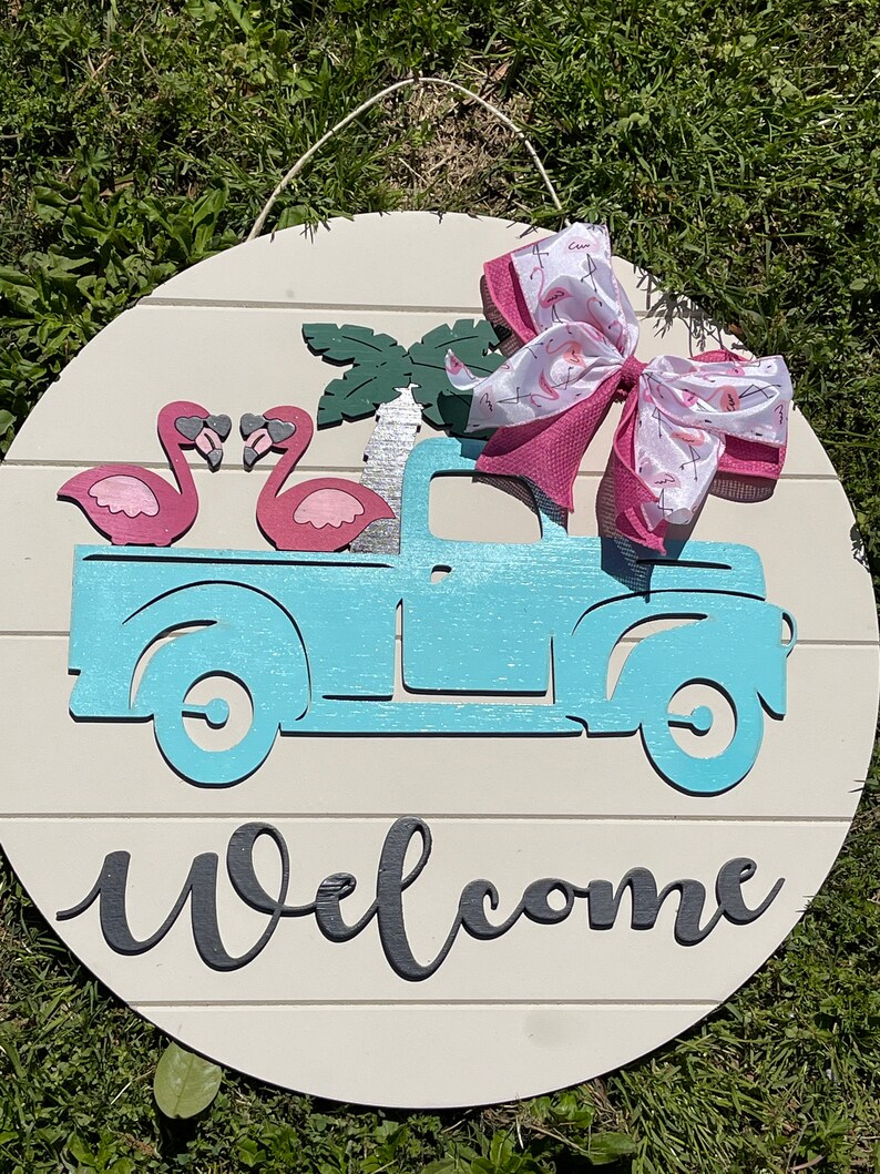 Flamingo Welcome Sign, Summer Welcome Sign, Vintage Truck Welcome Sign, Flamingo Wreath, Summer Door Wreath, Flamingo in Truck Sign, Welcome image 5