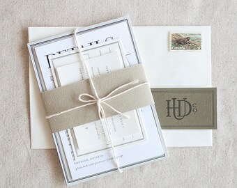 May include: A set of wedding invitations in a grey and white colour scheme. The invitations are tied together with twine and have a simple, elegant design. The text on the invitations reads "Please RSVP under pictures/font" and "THOROLD, ONTARIO".