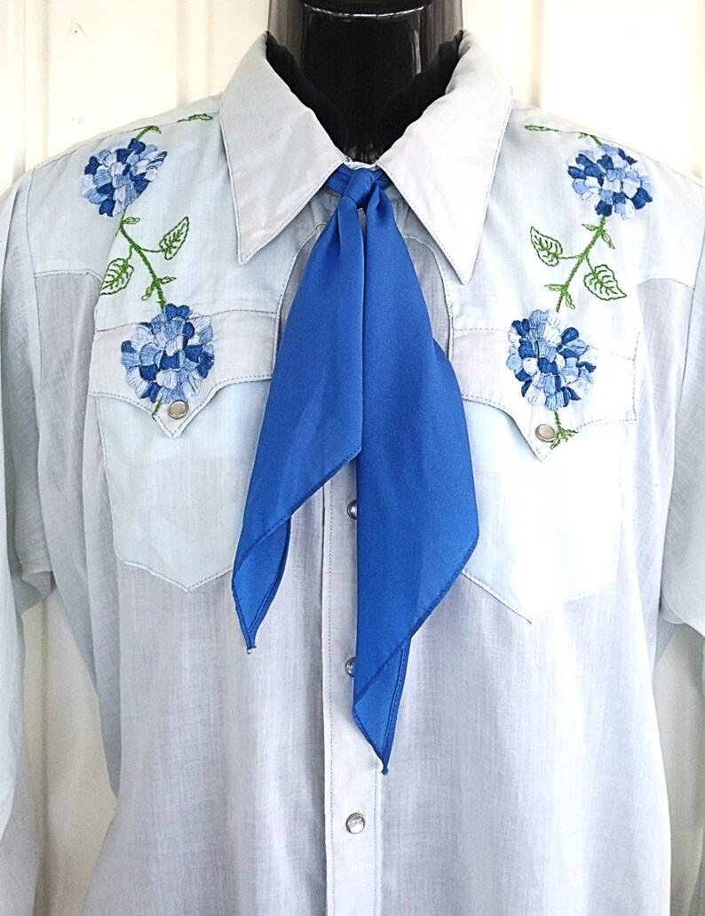 Rockmount Ranch Wear Vintage Western Men's Cowboy, Rodeo Shirt, Pale Blue with Embroidered Flowers, Approx. XLarge see meas. photo image 5