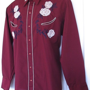 Karman Vintage Western Men's Cowboy, Rodeo Shirt, Burgundy with Light Gold Embroidered Flowers, 17-35, Approx. XLarge see meas. photo image 4