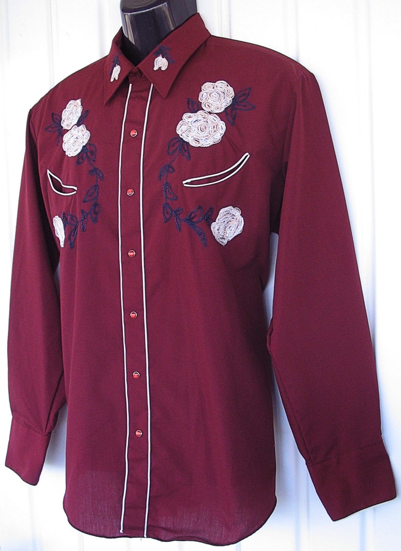 Karman Vintage Western Men's Cowboy, Rodeo Shirt, Burgundy with Light Gold Embroidered Flowers, 17-35, Approx. XLarge see meas. photo image 4