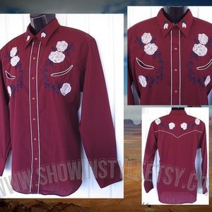 Karman Vintage Western Men's Cowboy, Rodeo Shirt, Burgundy with Light Gold Embroidered Flowers, 17-35, Approx. XLarge see meas. photo image 1