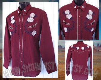 Karman Vintage Western Men's Cowboy, Rodeo Shirt, Burgundy with Light Gold Embroidered Flowers, 17-35, Approx. XLarge (see meas. photo)