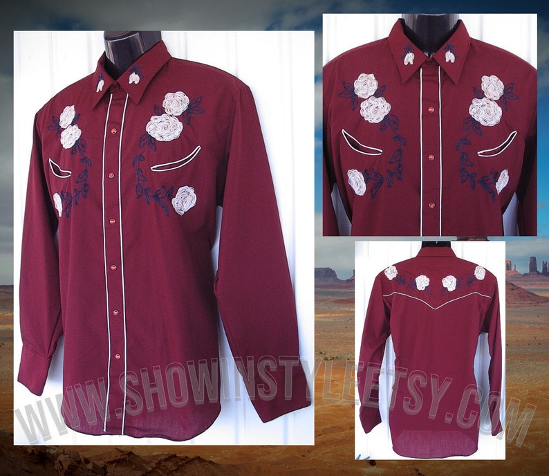 Karman Vintage Western Men's Cowboy, Rodeo Shirt, Burgundy with Light Gold Embroidered Flowers, 17-35, Approx. XLarge see meas. photo image 1