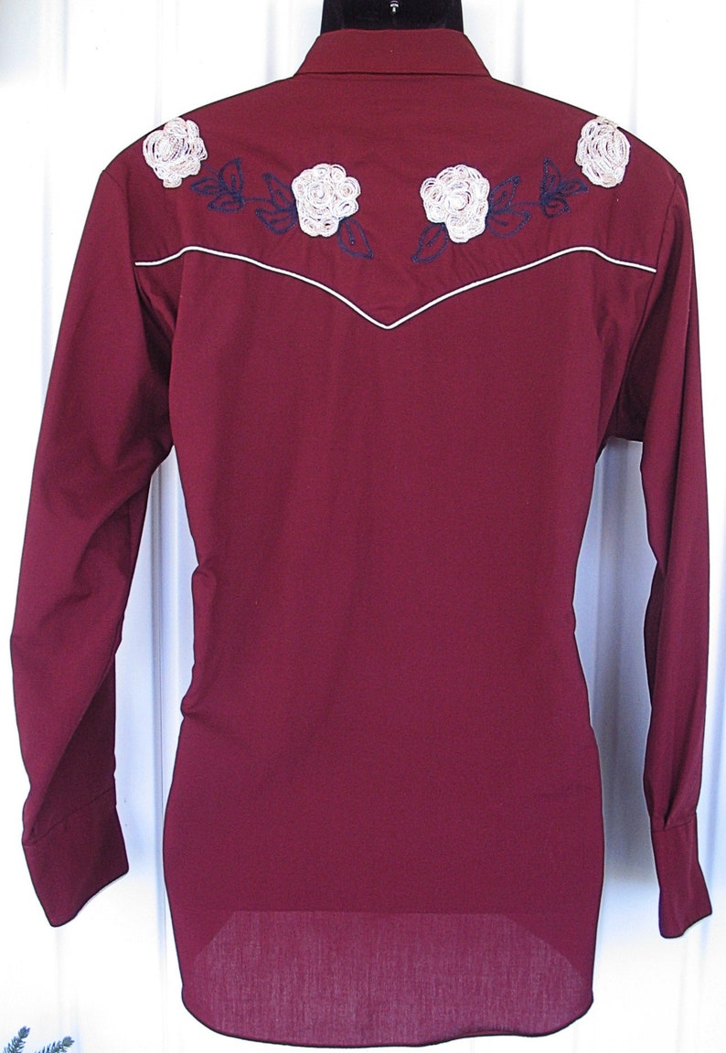 Karman Vintage Western Men's Cowboy, Rodeo Shirt, Burgundy with Light Gold Embroidered Flowers, 17-35, Approx. XLarge see meas. photo image 6