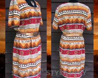 Women's Vintage Retro Southwestern Dress by Sag Harbor, Earth Tones in Aztec Style Print, Short Sleeves, Approx. Small  (see meas. below)