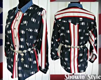 Panhandle Slim Vintage Retro Western Women's Cowboy Shirt, Patriotic Red, White & Blue Colors, Tag Size Large (see meas. photo)