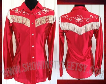 H Bar C, California Ranchwear Vintage Western Cowgirl Shirt, True Red, Floral Embroidery Designs, Fringe, Size 32, XSmall (see meas. photo)