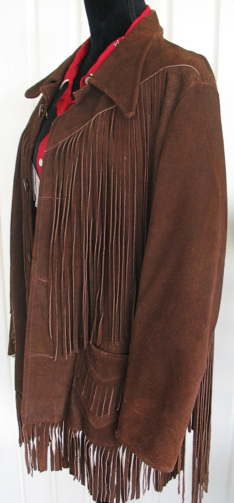 Vintage Western Women's Cowgirl Jacket, Suede Leather Coat, Dark Brown with Fringe, Approx. Medium see meas. photo image 3