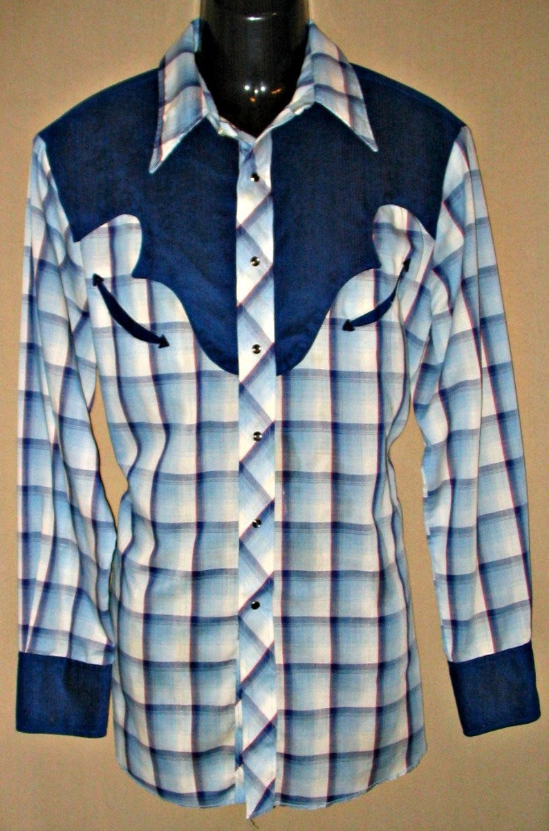 Denver Vintage Retro Western Men/'s Cowboy Shirt Blue and White Plaid with Faux Suede Yokes X-Large see meas. photo Approx