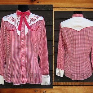 H Bar C, California Ranchwear, Women's Vintage Western Shirt, Red Plaid with Embroidered Flowers, 16-40, Approx. Medium (see meas. photo)