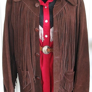 Vintage Western Women's Cowgirl Jacket, Suede Leather Coat, Dark Brown with Fringe, Approx. Medium see meas. photo image 2