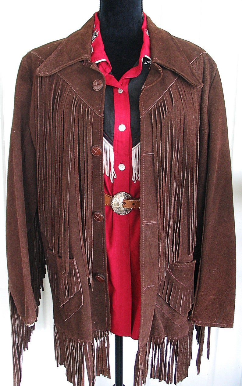 Vintage Western Women's Cowgirl Jacket, Suede Leather Coat, Dark Brown with Fringe, Approx. Medium see meas. photo image 2