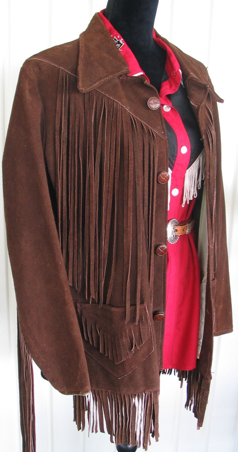Vintage Western Women's Cowgirl Jacket, Suede Leather Coat, Dark Brown with Fringe, Approx. Medium see meas. photo image 4