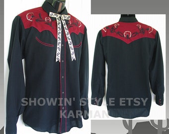 Karman Vintage Western Men's Cowboy & Rodeo Shirt, Black and Burgundy, Embroidered Floral Designs, 15.5-32, Approx. Medium (see meas. photo)