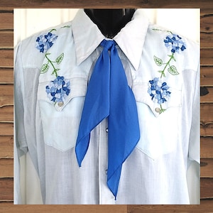 May include: Light blue button-down shirt with embroidered blue floral design on the shoulders and chest pockets. A bright blue scarf is tied around the collar. The shirt has a classic western style.