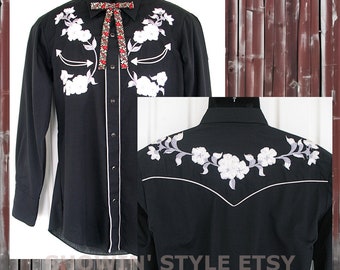 Tem Tex Vintage Western Men's Cowboy, Rodeo Shirt, Black with Embroidered White & Silver Flowers, 17.5-36, Approx. XLarge (see meas. photo)