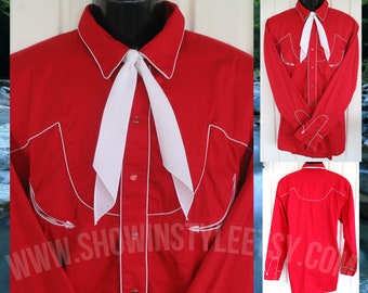 Crazy Cowboy Vintage Western Retro Men's Cowboy & Rodeo Shirt, Rockabilly, Bright Red with White Trim, Tag  Size XL (see meas. photo)