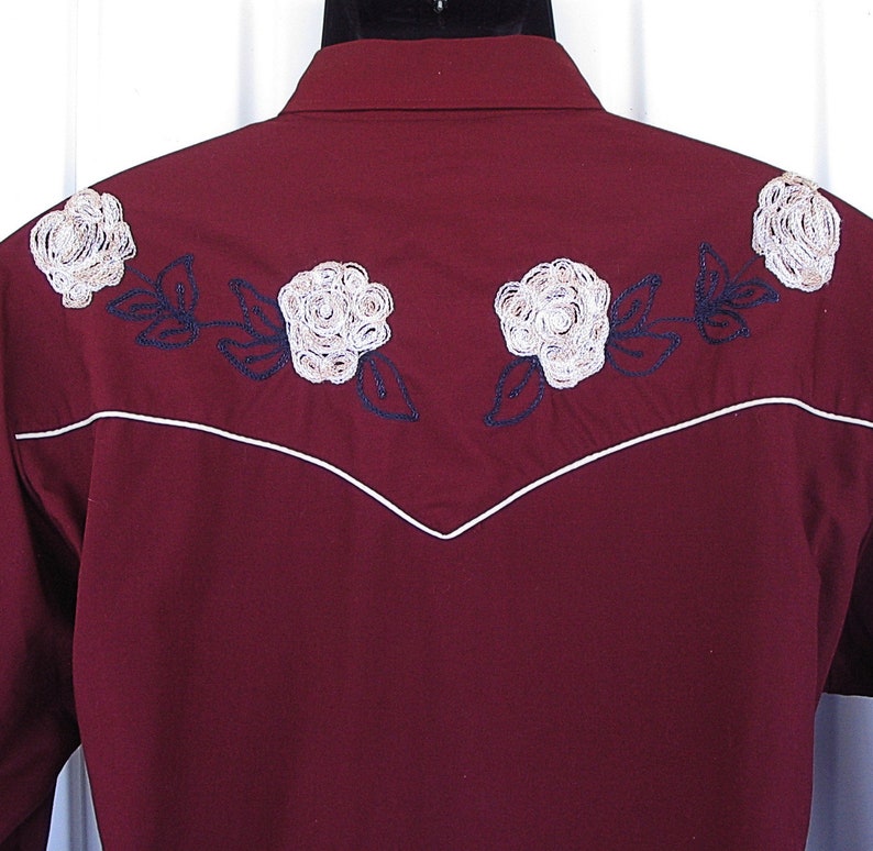 Karman Vintage Western Men's Cowboy, Rodeo Shirt, Burgundy with Light Gold Embroidered Flowers, 17-35, Approx. XLarge see meas. photo image 7
