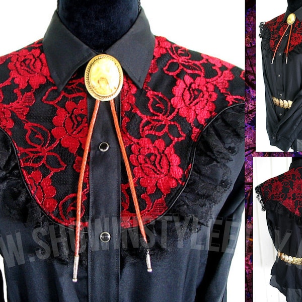 Miss Rodeo America Vintage Western Women's Cowgirl Shirt, Rodeo Blouse, Red & Black Lace Yokes, Approx. Medium (see meas. photo)