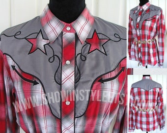 Roper Vintage Retro Women's Cowgirl Western Shirt, Western Blouse, Red & White Shadow Plaid with Stars, Tag Size Large (see meas. photo)