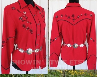 Vintage Women's Cowgirl Western Shirt by Western Collection Styles, Red with Black Embroidery, Rhinestones, Size Large (see meas. photo)