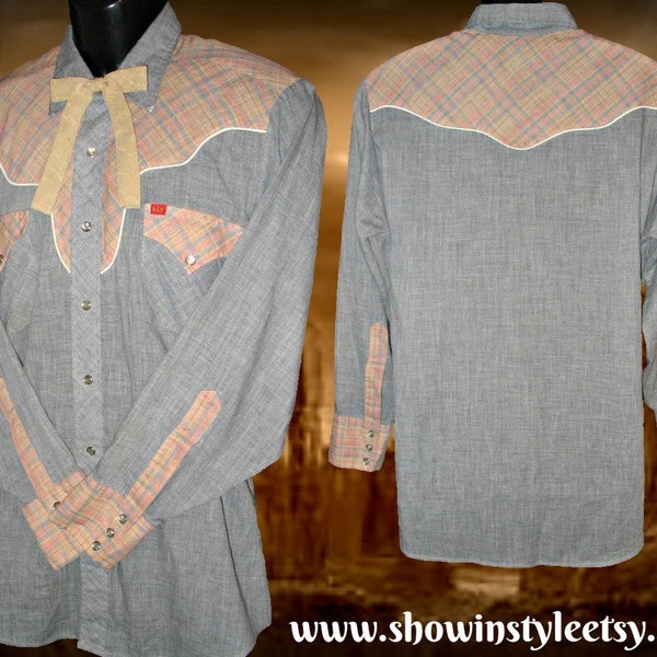 CLEARANCE!  Ely Plains Vintage Western Men's Cowboy Shirt, Pink, Blue & Beige Yokes and Cuffs, Tag Sz 16-33, Approx. Large (see meas. photo)