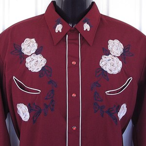 Karman Vintage Western Men's Cowboy, Rodeo Shirt, Burgundy with Light Gold Embroidered Flowers, 17-35, Approx. XLarge see meas. photo image 5