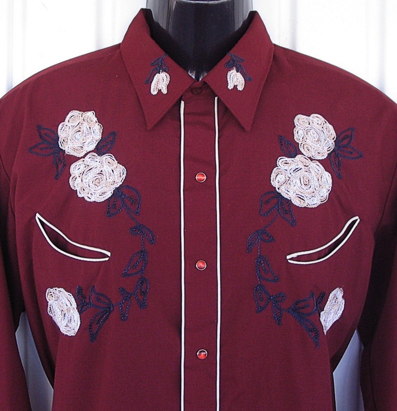 Karman Vintage Western Men's Cowboy, Rodeo Shirt, Burgundy with Light Gold Embroidered Flowers, 17-35, Approx. XLarge see meas. photo image 5