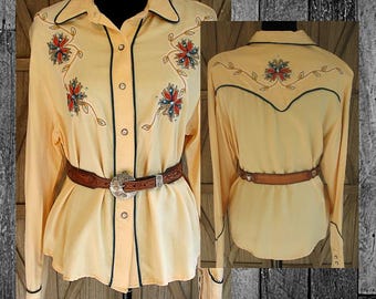 Western Styles Collection Vintage Retro Women's Shirt, Cowgirl Blouse, Yellow, Rhinestones & Embroidery, Approx. Large (see meas. photo)